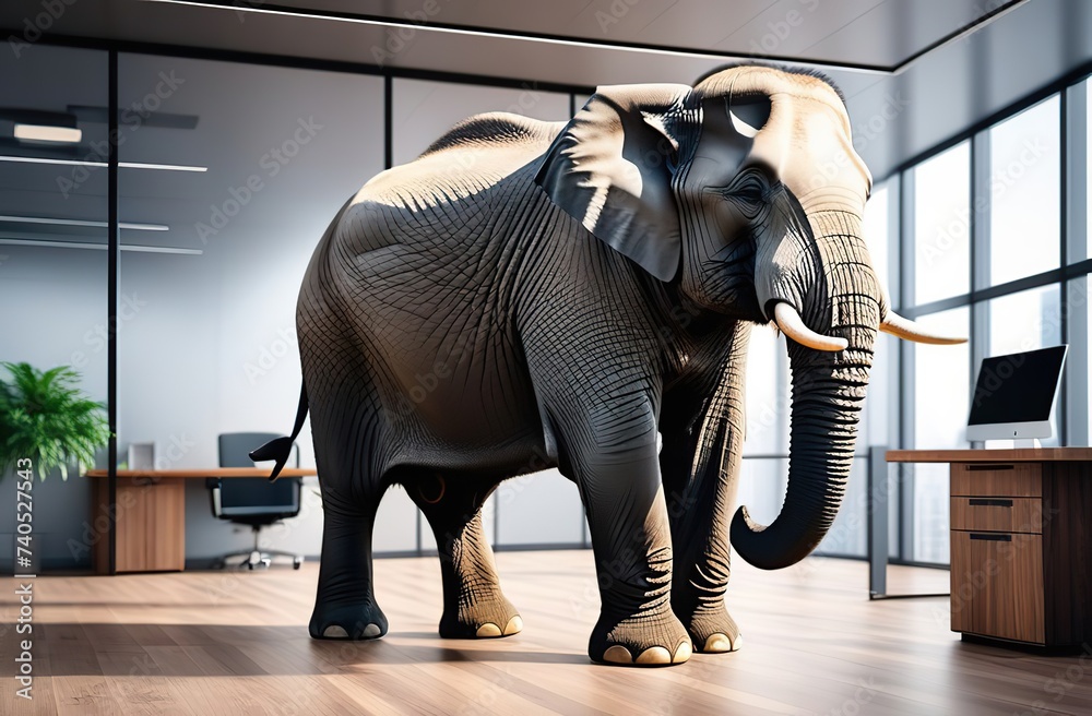 Obraz premium big elephant sitting inside an office