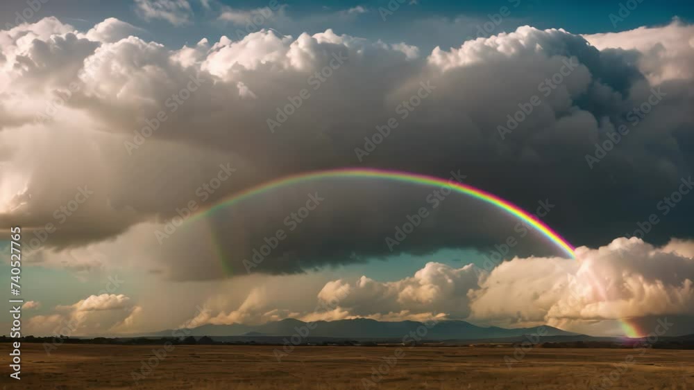 Rainbow stretching over cloudy sky above field, Bank of clouds slowly passing by with a rainbow appearing, AI Generated