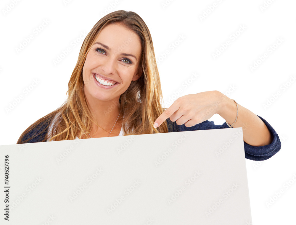 Pointing, blank sign and portrait of woman with deal, promo or happy news in studio. Smile, offer and girl with poster announcement, information or presentation space on cardboard on white background Pointing, blank sign and portrait of woman with deal, promo or happy news in studio. Smile, offer and girl with poster announcement, information or presentation space on cardboard on white background