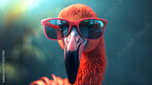 Fototapeta Naklejka Na Ścianę i Meble -  close up of a flamingo wearing sunglasses, flamingo in jungle.