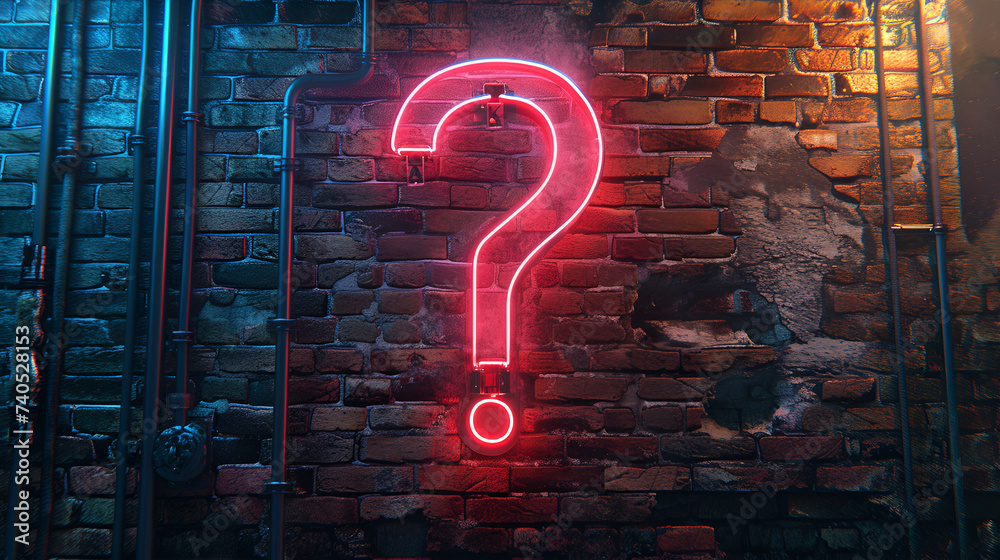 Neon sign on a brick wall in the shape of a question mark, generative ai - obrazy, fototapety, plakaty 