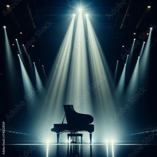 A musical instrument: grand piano, sits on alone on stage ready to play, under a strong single spotlight photo