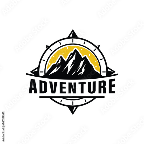 Adventure, compass, mountain logo design template vector illustration