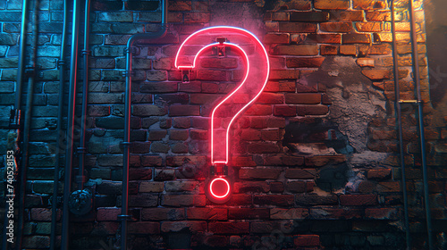 Neon sign on a brick wall in the shape of a question mark, generative ai photo