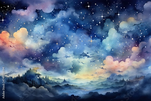 Watercolor night sky and mountains. Beautiful hand drawn background