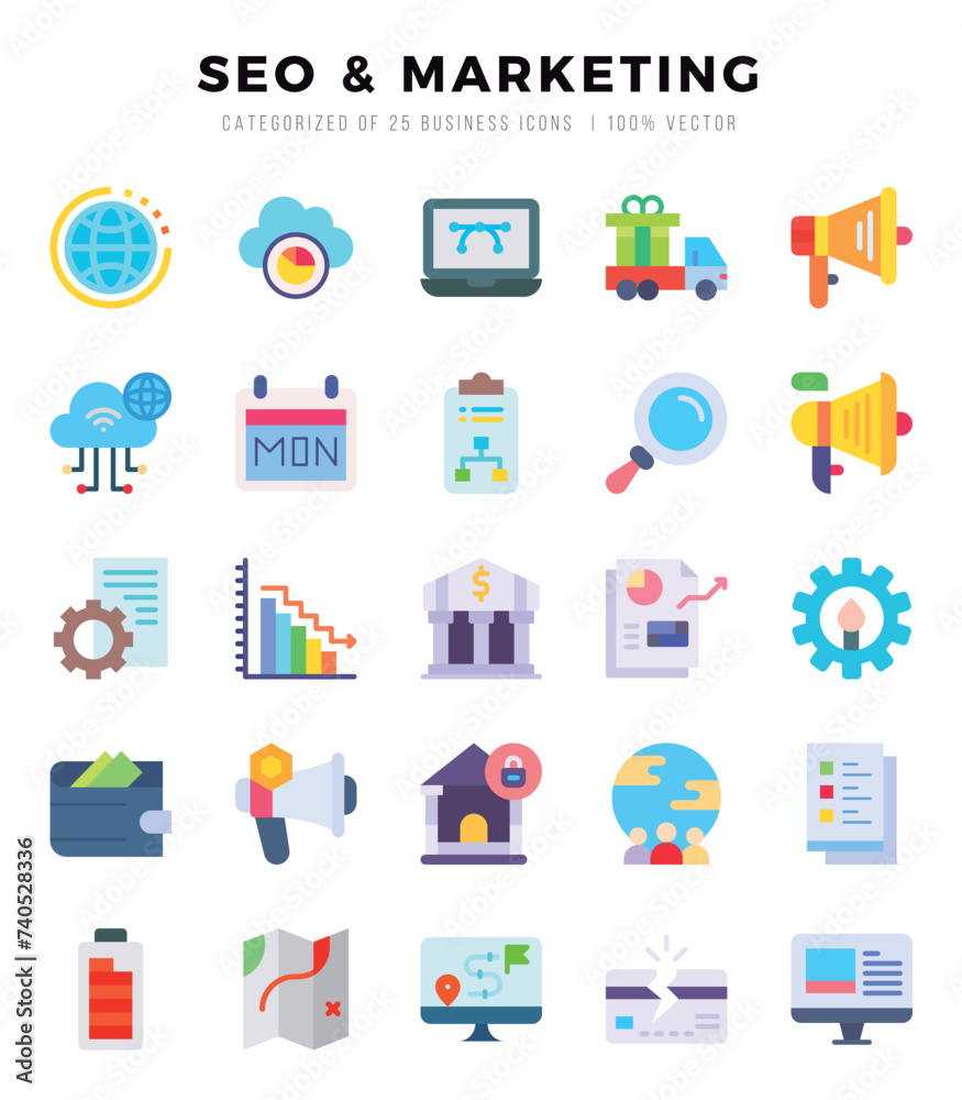 Collection of SEO & MARKETING 25 Flat Icons Pack.