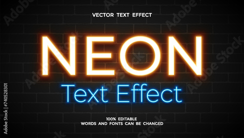neon light editable text effect with orange and blue color photo