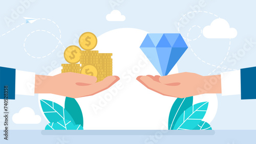Jewelry business, diamond with money. Buy, sell talent. The price of creativity. Sell and buy at a pawnshop. Man holds a diamond in his hand to exchange it for money. Flat vector illustration photo