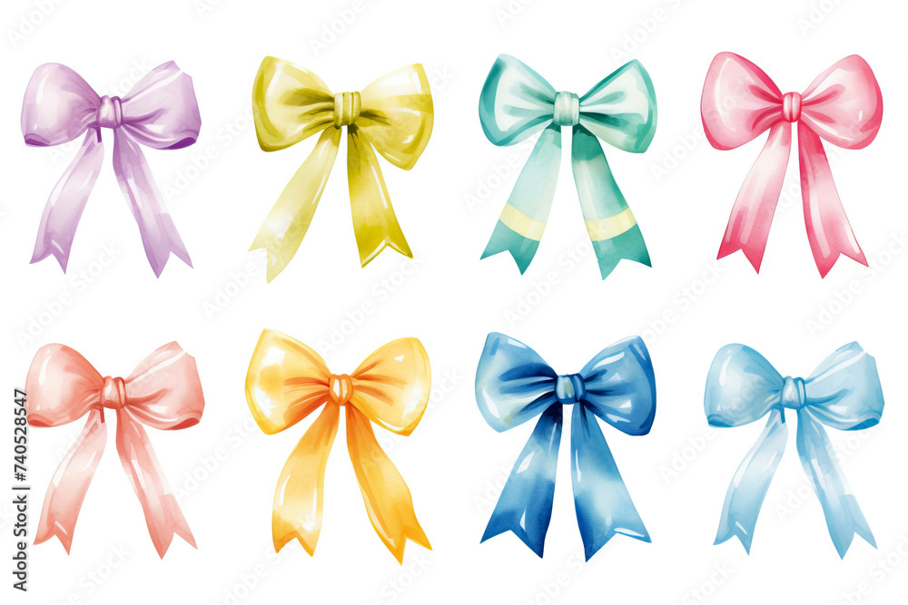 Set of watercolor silk bows isolated on white background