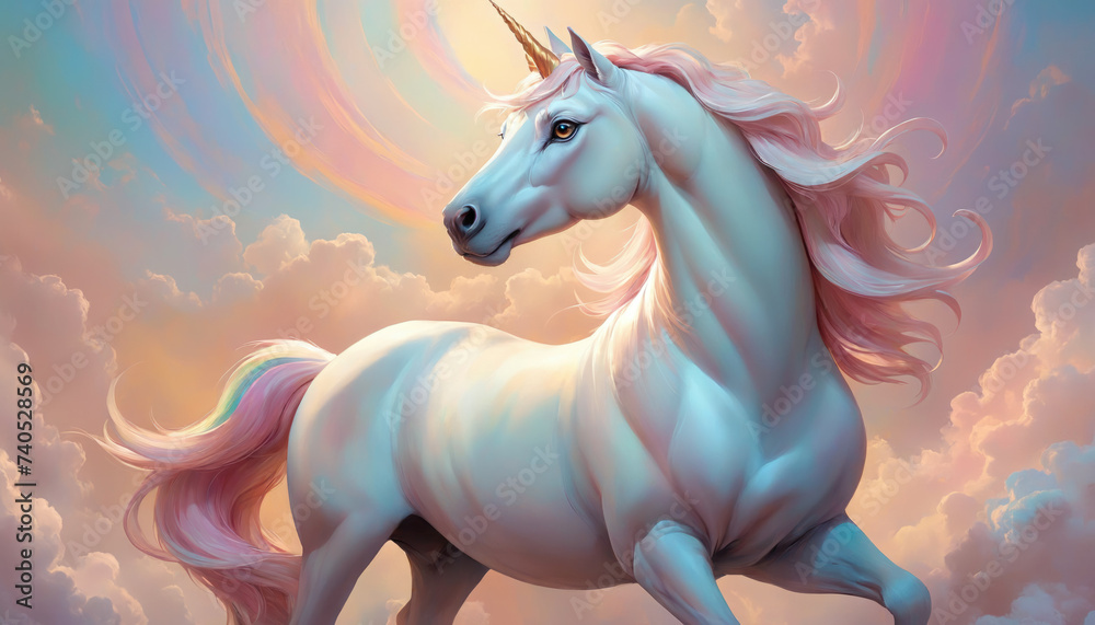 Naklejka premium Fantasy Illustration of a wild unicorn Horse. Digital art style wallpaper background in pastel colors.