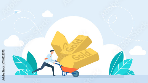 A businessman is driving a wheelbarrow with a pile of gold bars. Concept of profit, wealth, luxury, success, money. Red wheelbarrow with hand trolley and bar of gold. Vector illustration