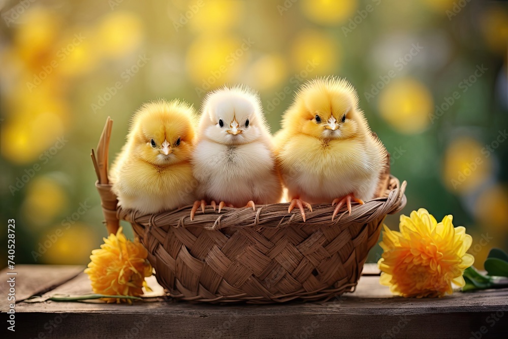 Bright and colorful easter chicks in decorated basket with eggs