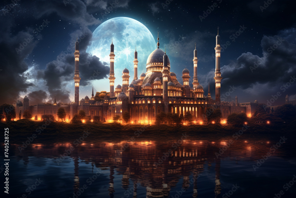 Big mosque in the city at night under the big moon with beautiful sky