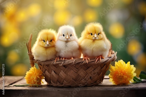 Bright and colorful easter chicks in decorated basket with eggs © Александр Раптовый