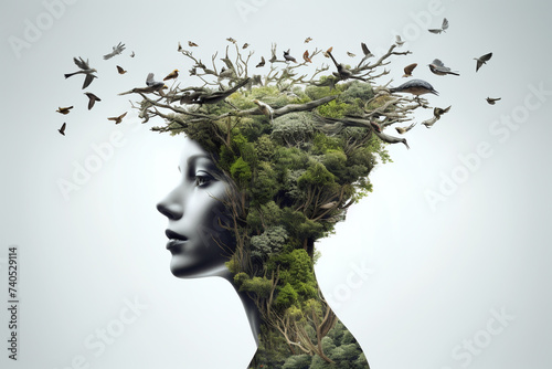 Conceptual image of woman's head made of natural trees and birds