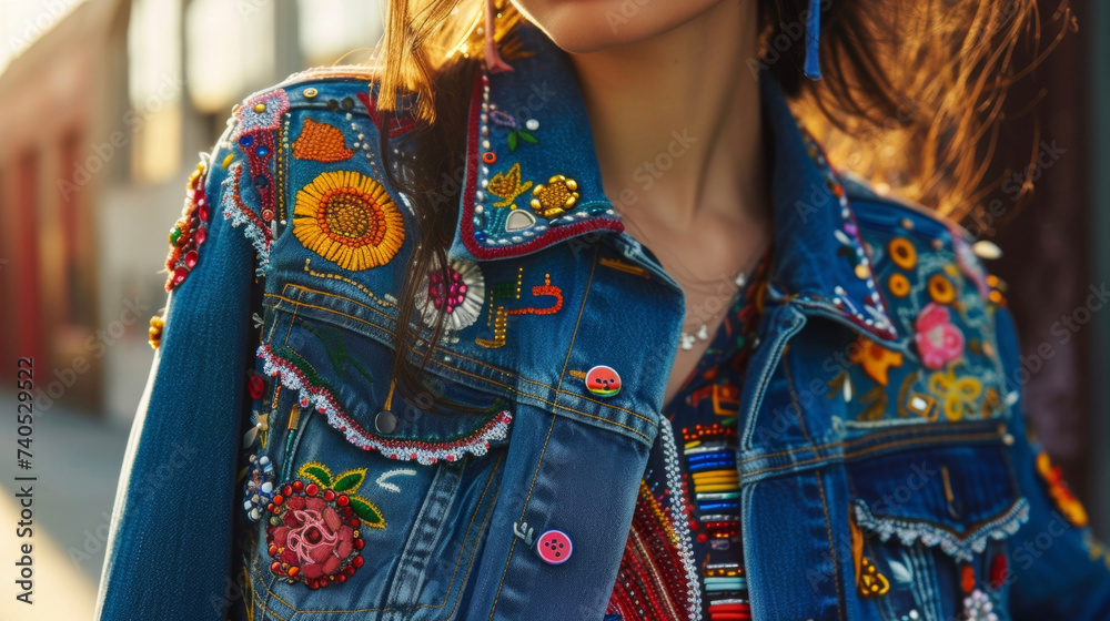 A classic denim jacket updated with handsewn patches and intricate beadwork perfect for a casual yet stylish weekend look.