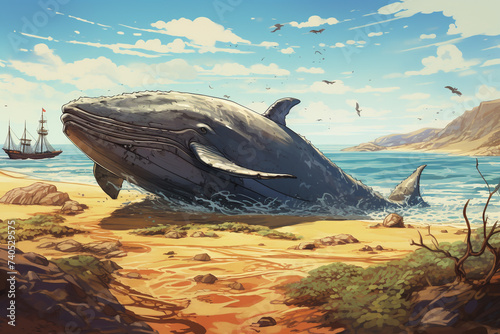 illustration of a beach view of a stranded whale photo