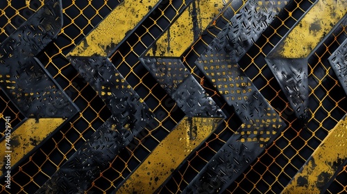 Series of Yellow and Black Chevrons sense of Directionality pointing towards the Side Set against a Dark Textured Background resembling a Metal Grate Mesh created with Generative AI Technology
