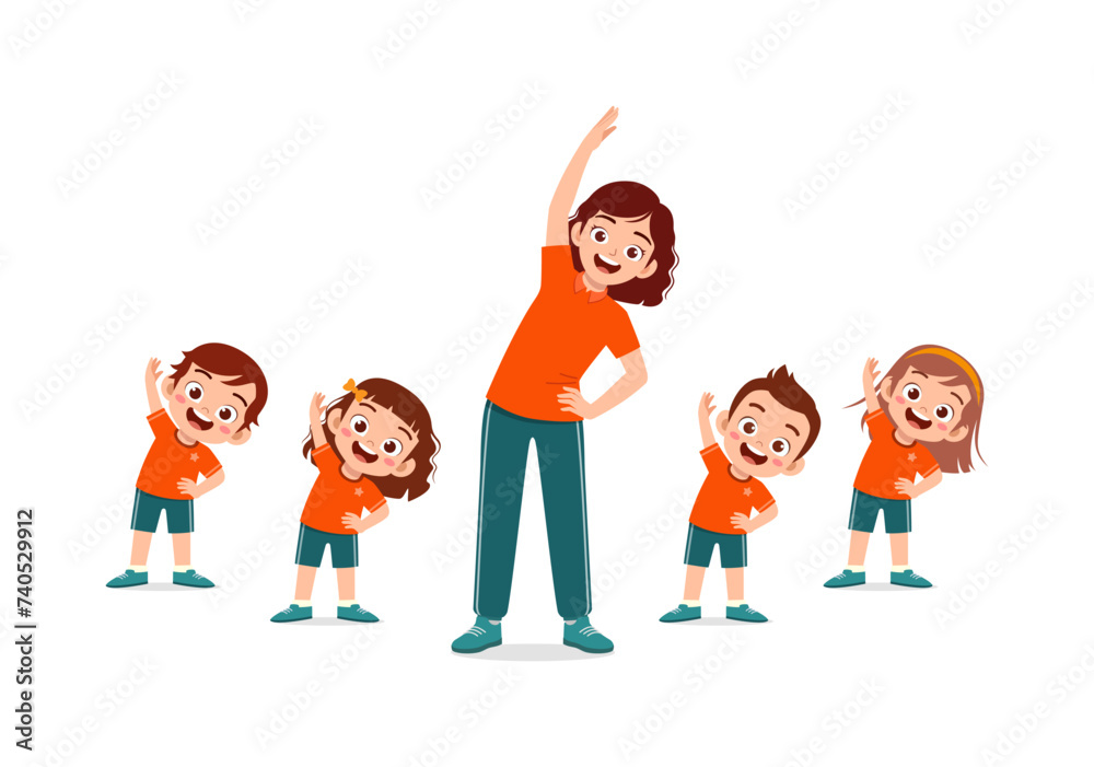 little kid and teacher doing exercise together Stock Vector | Adobe Stock