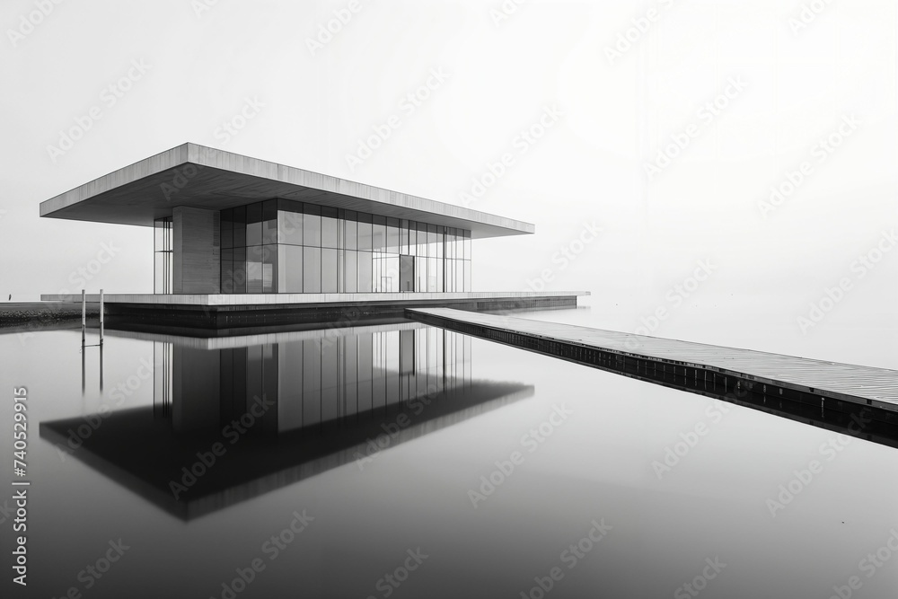 Architectural ensemble by the water, portrayed in black and white through a long exposure technique, emphasizing the fluid contrast between the buildings and the calm water