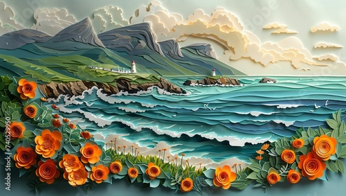 Cape Point lighthouse, artistically depicted in a paper-cut masterpiece, embodying the rugged charm of South Africas coastline photo