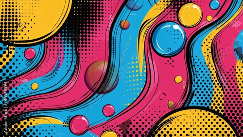 Pop art style backdrop, bold graphics, colorful