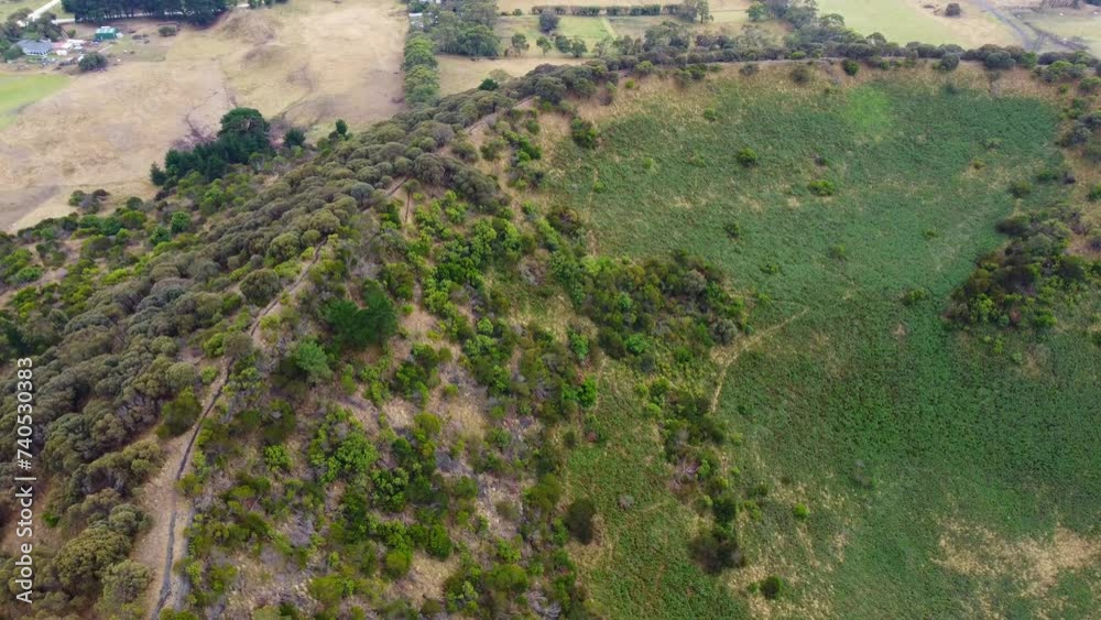 Footage of Aerial view of Mount Schank is a dormant volcano 360 views into the crater and of the surrounding countryside 10 minutes drive from mount Gambier centre.
