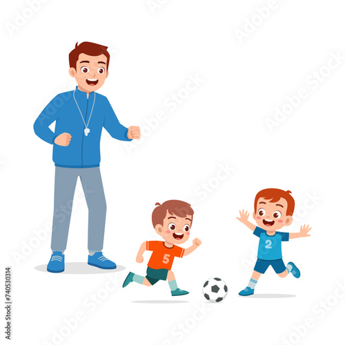 young teacher give lesson to children soccer team