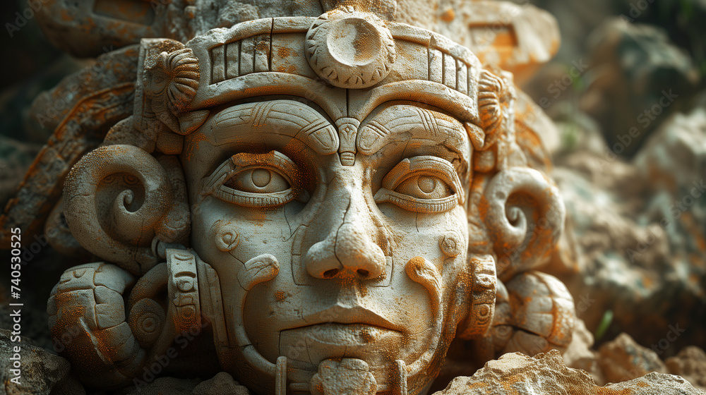 Ancient Mayan Stone Mask Sculpture Amidst Jungle Foliage