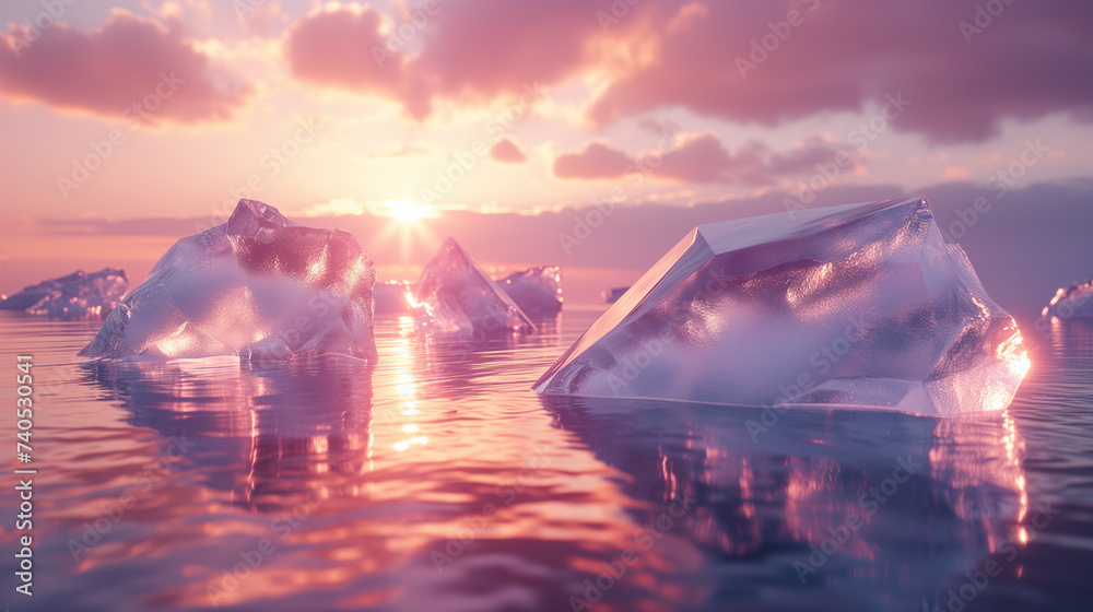 Fototapeta premium Geometric glassy icebergs floating under the setting sun, reflecting a spectrum of cold hues.