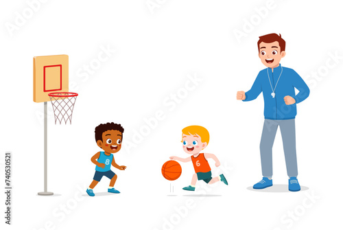 young teacher give lesson to children basketball team
