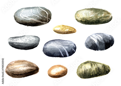 Colorful sea pebbles stones set. Hand drawn watercolor illustration, isolated on white background