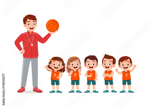 young teacher give lesson to children basketball team