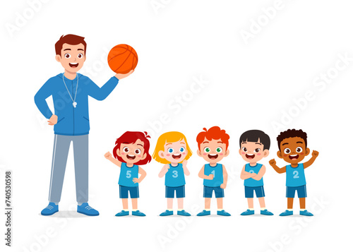 young teacher give lesson to children basketball team