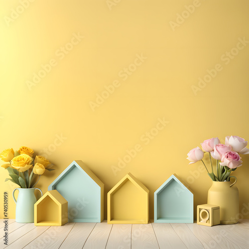 Preschool Kindergarten Banner Template in 3D on Yellow Soft Pastel Background. Concept Featuring Kids Toys for Promotion, Greeting Cards, and Posters. photo