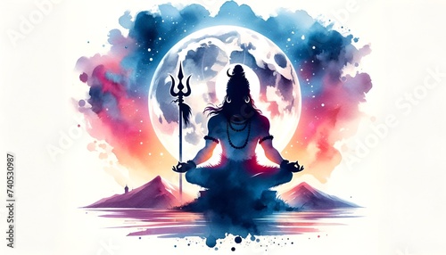 Illustration in a watercolor style with silhouette of a lord shiva against a full moon.