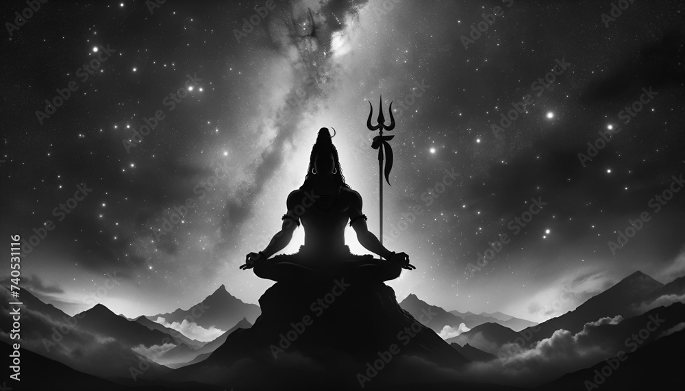Monochrome maha shivratri background with a silhouette of lord shiva sitting in a meditative pose at night. Monochrome maha shivratri background with a silhouette of lord shiva sitting in a meditative pose at night.