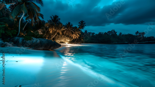 tropical beach view at cloudy stormy night with white sand, turquoise water and palm trees, neural network generated image