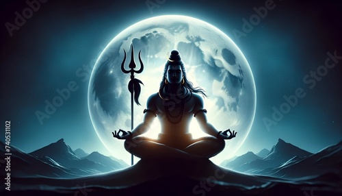 Illustration of lord shiva silhouette with trident against full moon for maha shivratri. photo