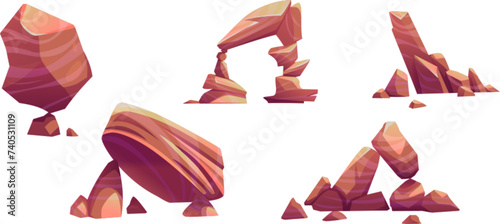 Big desert stone piles and cliff. Cartoon vector illustration set of west landscape brown rock and mountain. Game ui assets and elements of canyon formation and wall from rough boulder with texture.