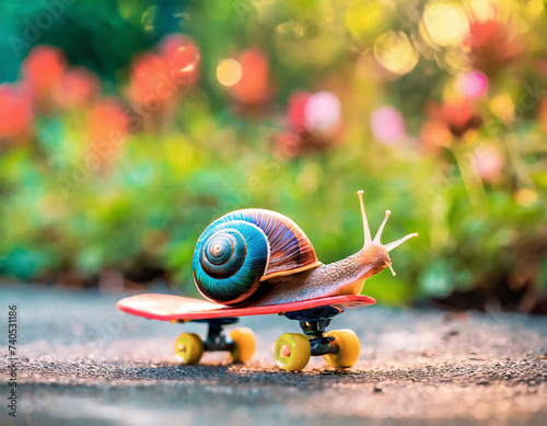 Tiny snail riding skateboard in colorful tulip garden