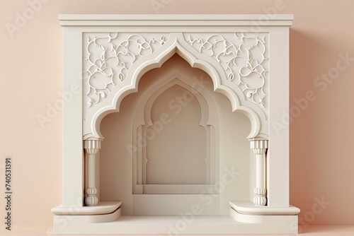 white and coral islamic prayer niche isolated on beige background