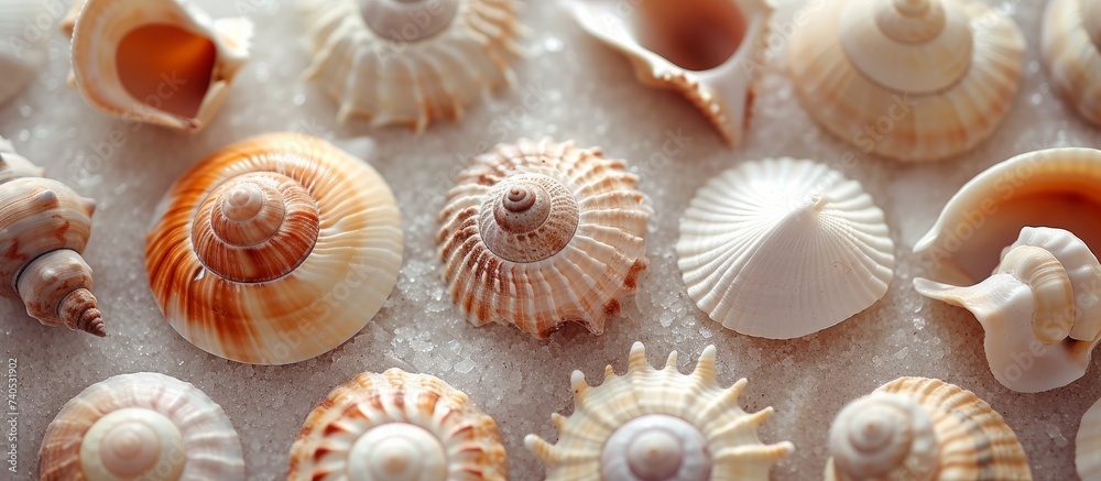 The sand is scattered with a variety of sea shells, each showcasing unique patterns and symmetry. These natural materials are the remains of invertebrate organisms found in coastal areas