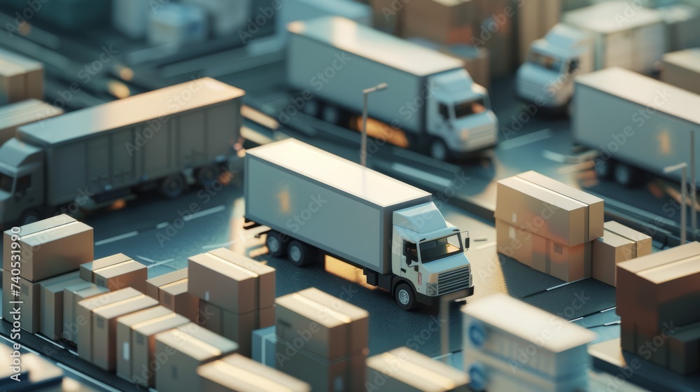 Close-up of miniature delivery trucks and cardboard boxes, representing logistics, supply chain, and distribution. Close-up of miniature delivery trucks and cardboard boxes, representing logistics, supply chain, and distribution.