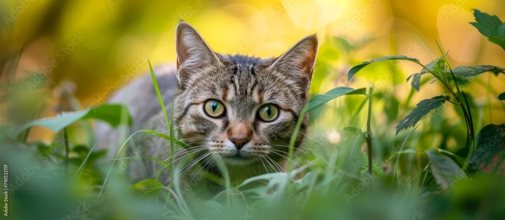 A carnivorous terrestrial animal from the Felidae family, a small to mediumsized cat with whiskers, is concealed in the grass, gazing at the camera in a natural landscape setting