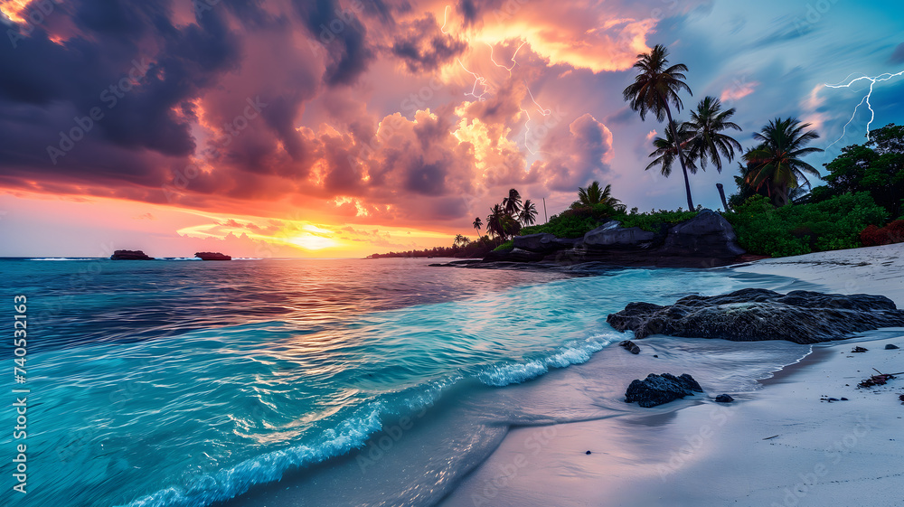 tropical beach view at cloudy stormy sunset with white sand, turquoise water and palm trees, neural network generated image