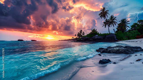 tropical beach view at cloudy stormy sunset with white sand  turquoise water and palm trees  neural network generated image
