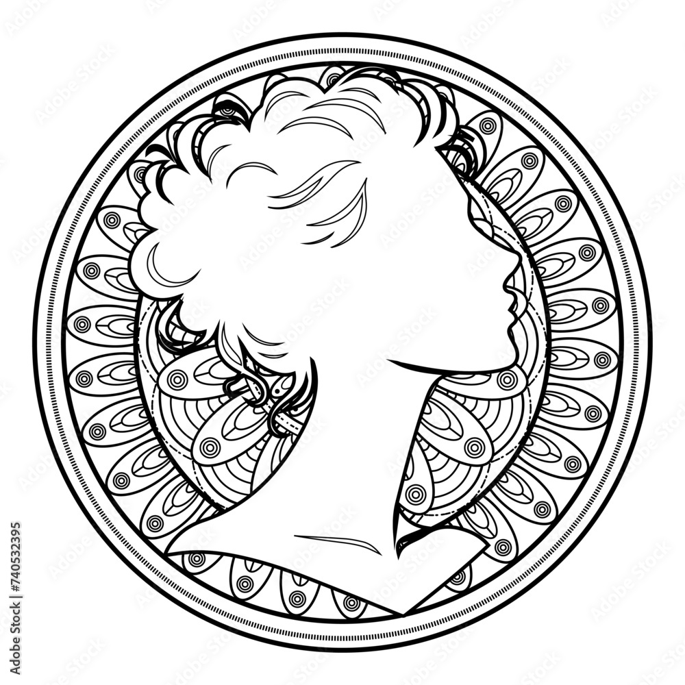 Vector illustration of mandala with woman's face silhouette on white separate background Vector illustration of mandala with woman's face silhouette on white separate background