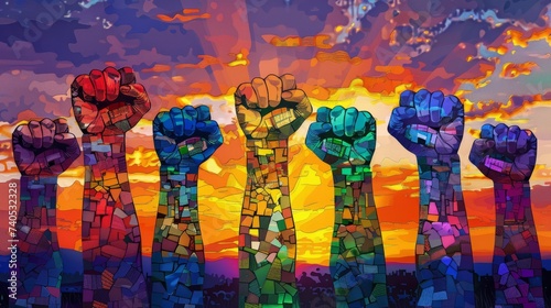 Digital artwork depicting multiple raised fists in a mosaic of vibrant colors against a surreal sky, symbolizing unity in diversity and collective strength.