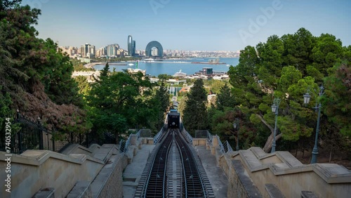 Time Lapse of the funicular in Baku, Azerbaijan which connects Neftchilar Avenue and 455 m up to Martyrs' Lane photo